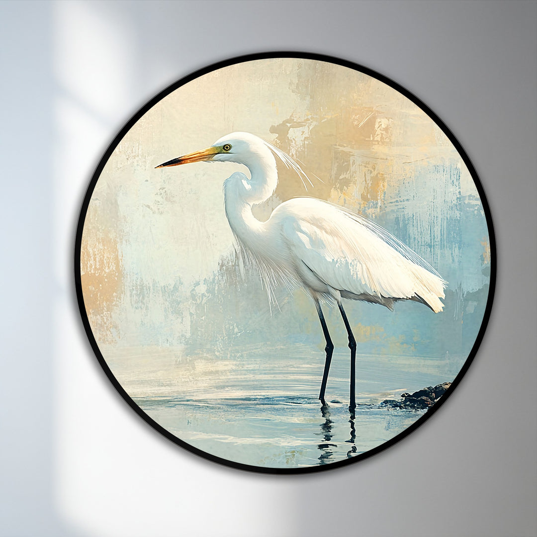 Muted color saturation enhances the serene ambiance of this coastal oil painting decoration featuring a white egret in its watery habitat.