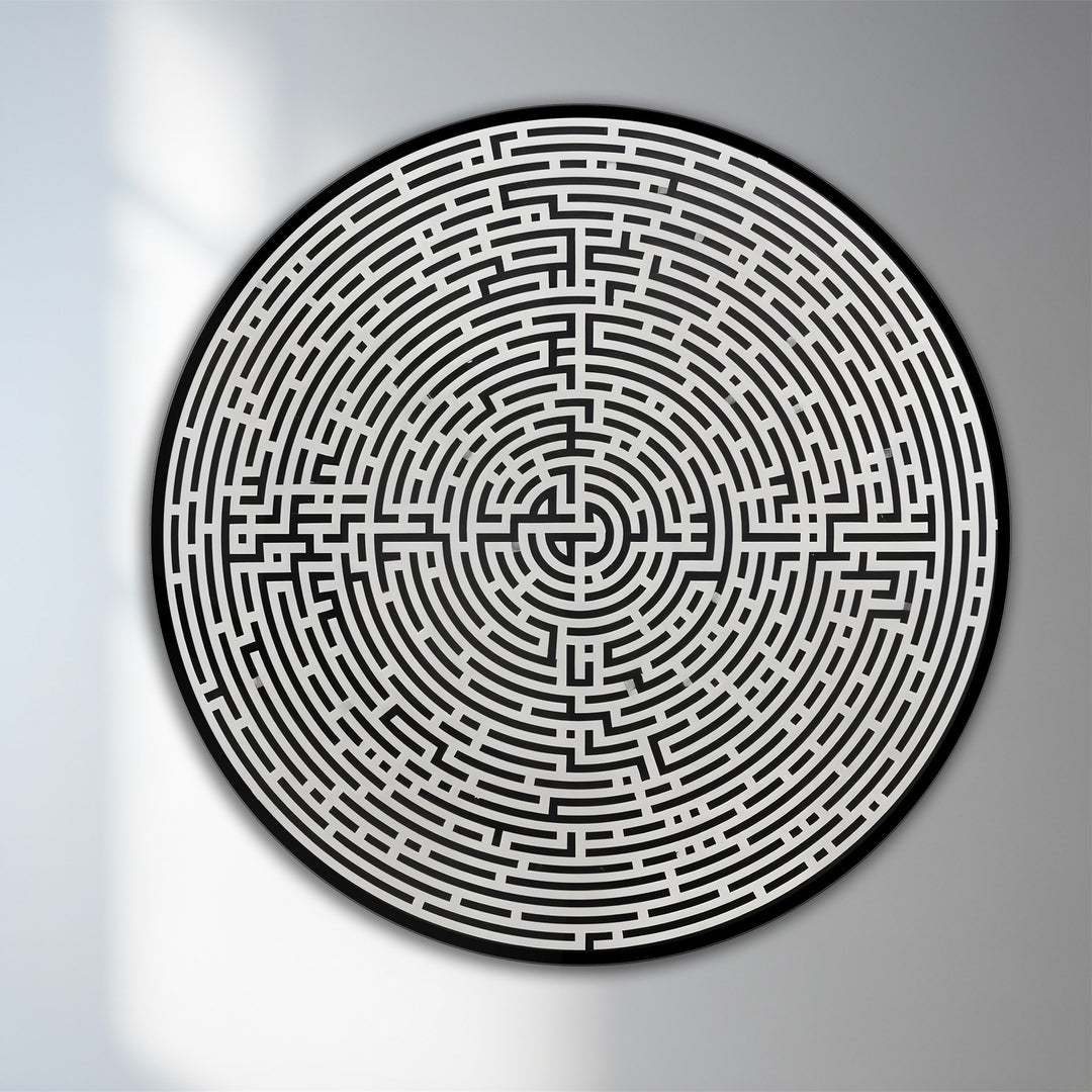 The darkest area defines the twisting paths of this modern labyrinth minimalist round oil painting on wood, offering a geometric focal point for home decoration.