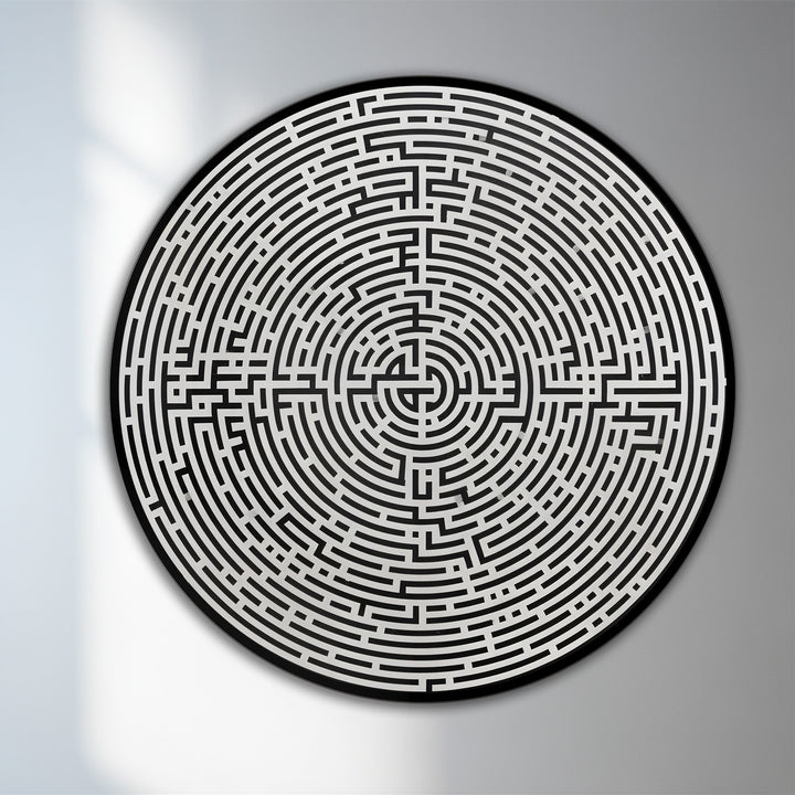 The darkest area defines the twisting paths of this modern labyrinth minimalist round oil painting on wood, offering a geometric focal point for home decoration.