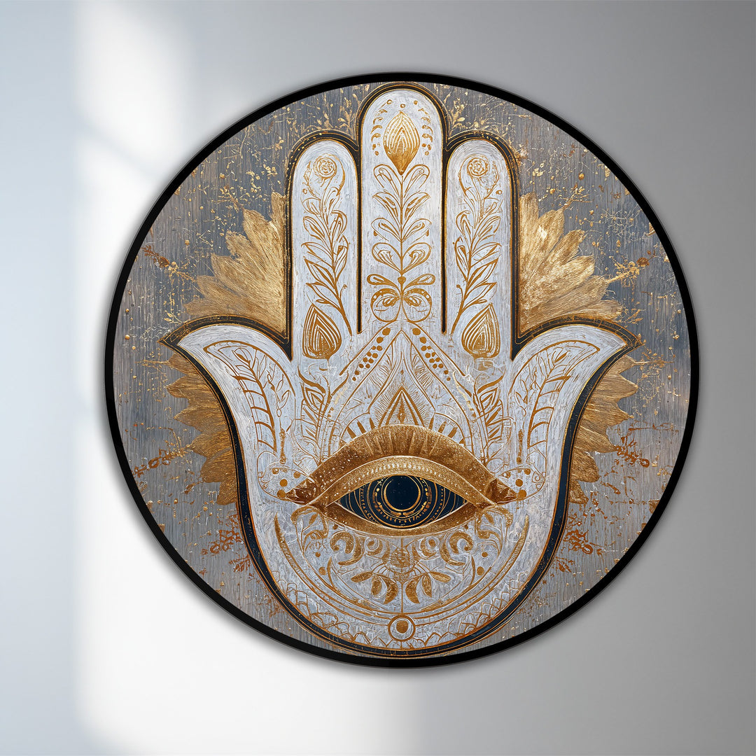 Depicting the central subject, this ornate hamsa eye is a captivating oil painting art piece with golden details, rendered on a round wooden canvas.