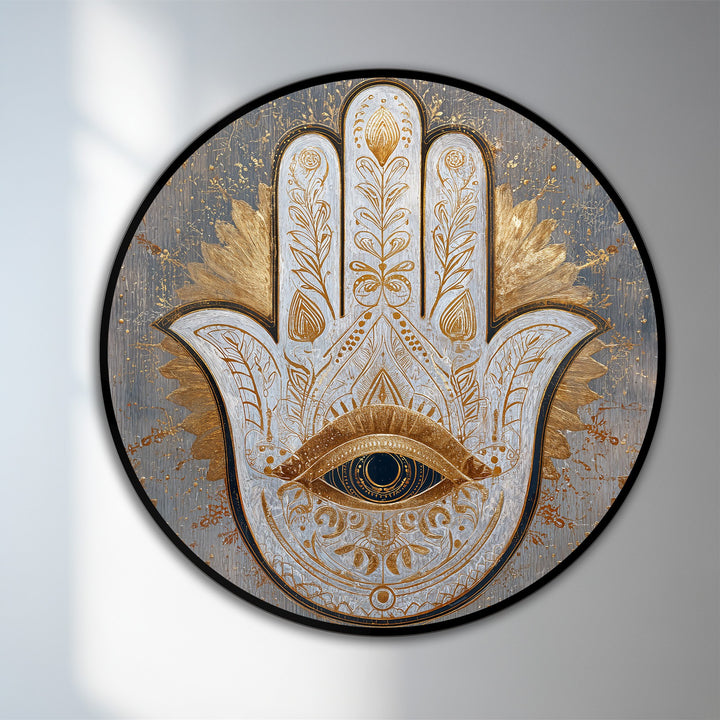 Depicting the central subject, this ornate hamsa eye is a captivating oil painting art piece with golden details, rendered on a round wooden canvas.