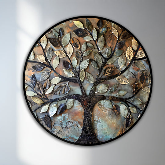 Revealing depth and layers within this rustic harmony textured metal leaf tree oil painting reproduction print, emphasizing the artistry and dimensional qualities of the piece.