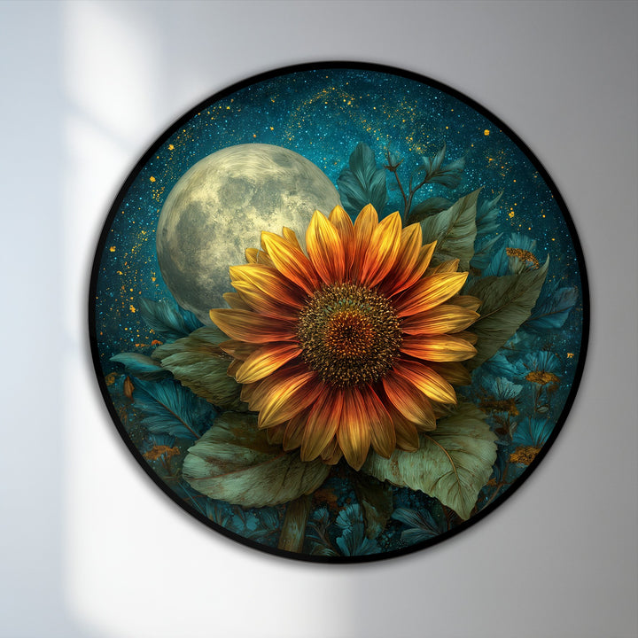 Round moonlit sunflower bloom is a horizontally oriented oil painting wall art featuring a dreamy floral design.