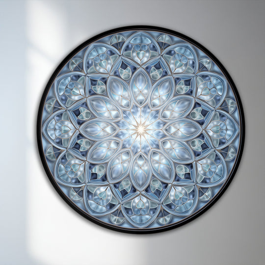 A black edge defines the ornate, circular border of this modern oil painting art featuring a crystal blue mandala on wood.