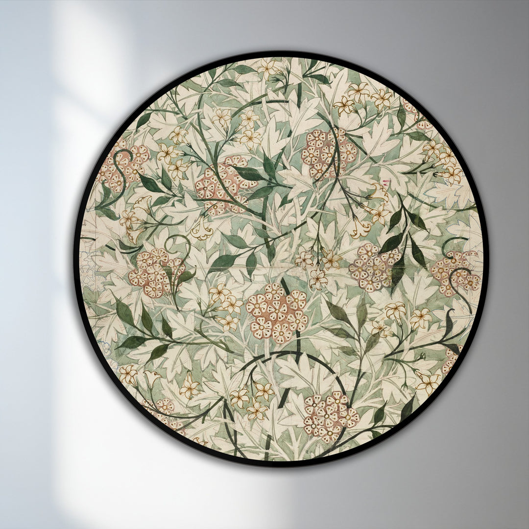 Subtle surface texture enhances this vintage garden elegance round oil painting art piece, revealing soft variations in light across its botanical pattern.