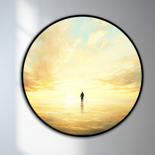 Light and shadow play across the golden sunset in this round oil painting, highlighting the silhouette of a lone figure on the horizon, a stunning example of oil painting artwork.