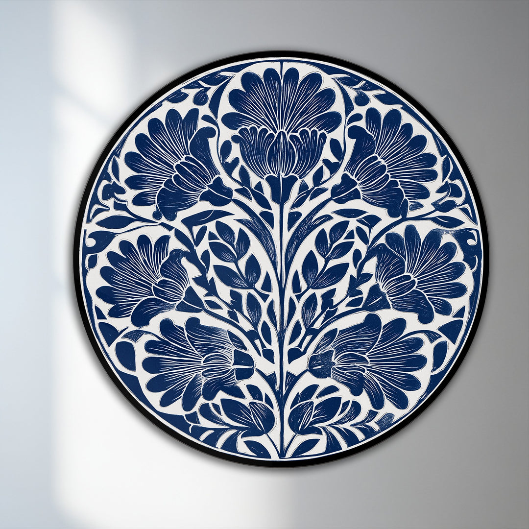 With intense color saturation, the indigo floral motif round oil painting reproduction print features an elegant botanical design in rich navy and white hues.