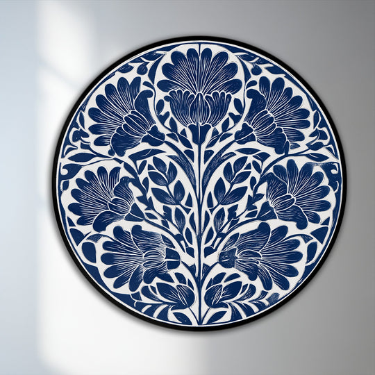 With intense color saturation, the indigo floral motif round oil painting reproduction print features an elegant botanical design in rich navy and white hues.