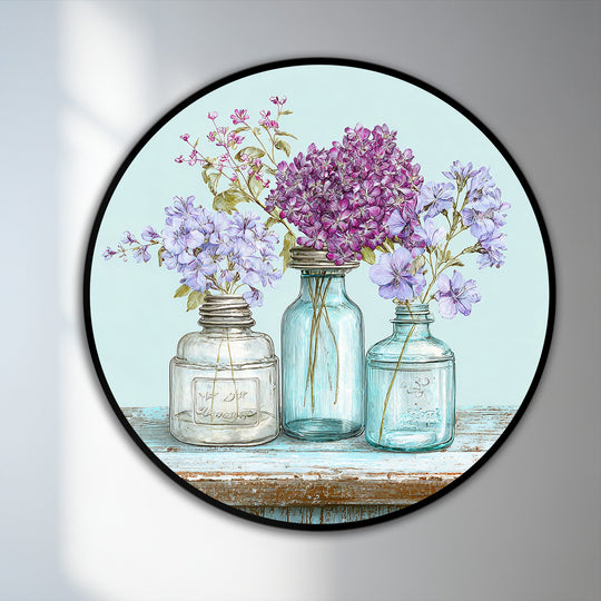 Darkest areas highlight the round oil painting art piece featuring pastel wildflowers in jars, showcasing the texture and depth of the colorful floral wall art.