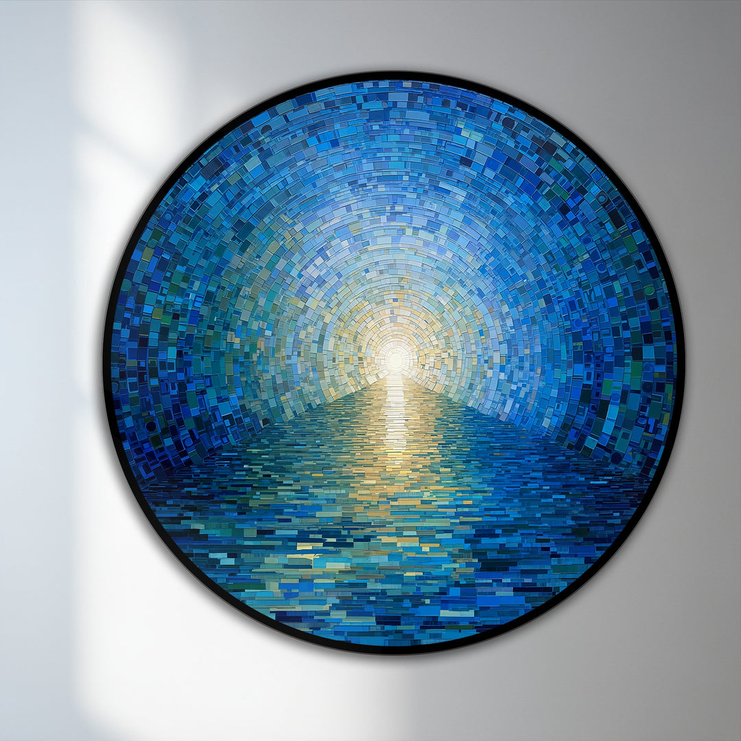 The central subject, a radiant horizon rendered in a blue mosaic, dominates this round oil painting art prints depicting an ocean scene with a luminous glow.