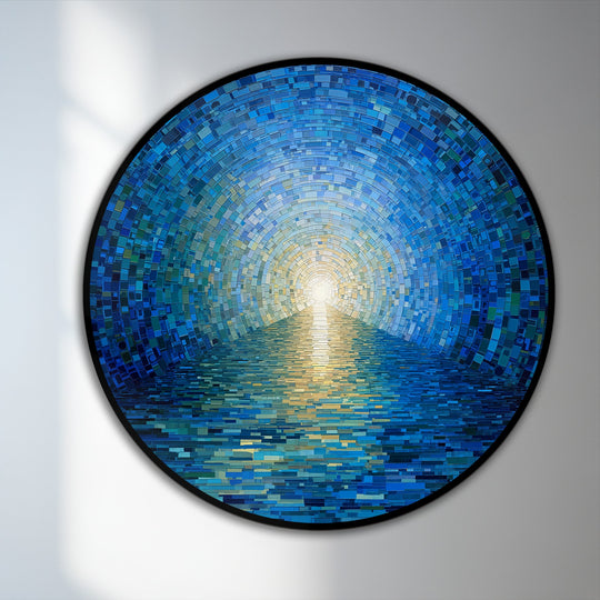 The central subject, a radiant horizon rendered in a blue mosaic, dominates this round oil painting art prints depicting an ocean scene with a luminous glow.