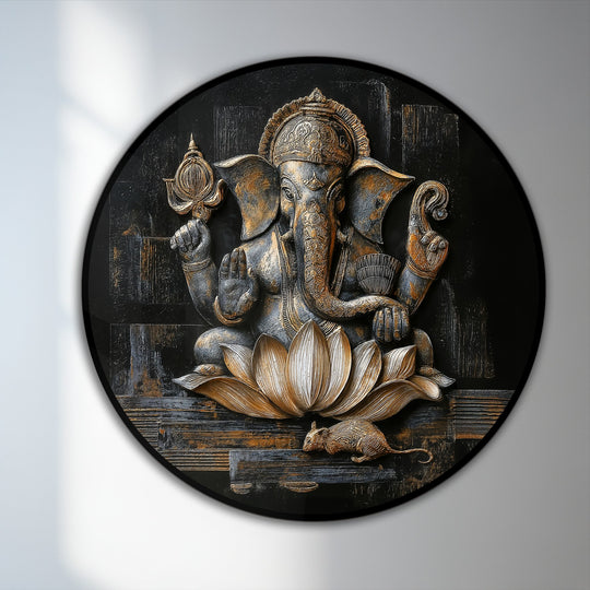 Lord Ganesha sits regally on a lotus flower in this striking oil painting reproduction print, a vision of divine prosperity and spiritual depth.