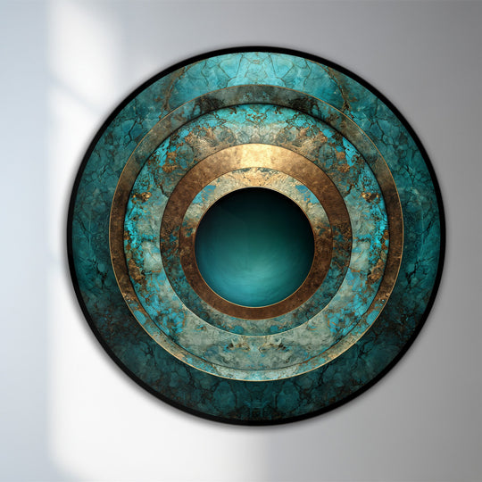 Showcasing intense color saturation in this abstract round oil painting art prints, turquoise and gold concentric layers create a stunning visual depth on wood.