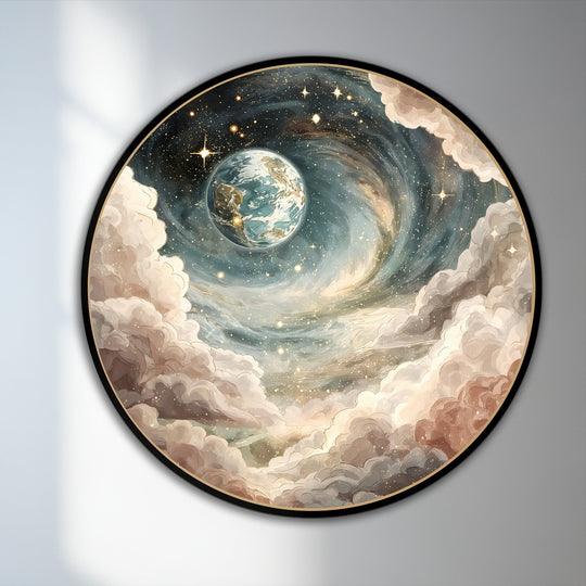 Swirling clouds and cosmic nebulae in this round oil painting home decor showcases soft, organic forms encircling a glowing Earth.
