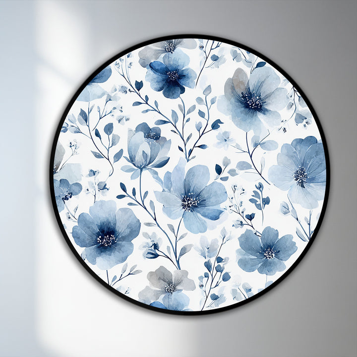 Cool color temperature dominates this soft blue botanical pattern round oil painting reproduction print.
