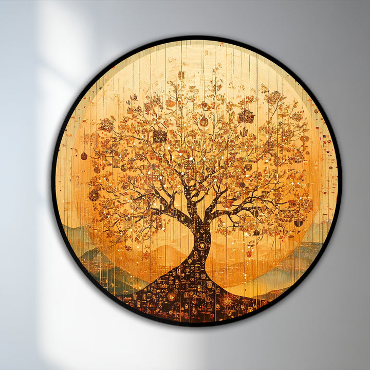 Radiant sunset hues and delicate detailing define the loudest element, the golden tree, in this ethereal Eternal Radiance oil painting art piece.