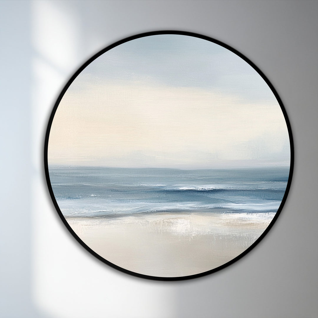 Subtle gradations in this oil painting artwork illustrate the soft tide serenity of the minimalist coastal round oil painting, blending cool sky tones into the warm beach.