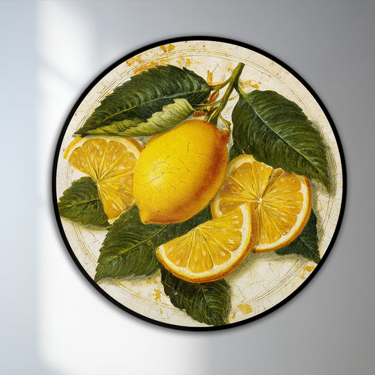 Negative space surrounds the fruit in this rustic lemon still life oil painting reproduction print, accentuating the round composition with citrus slices and leaves.
