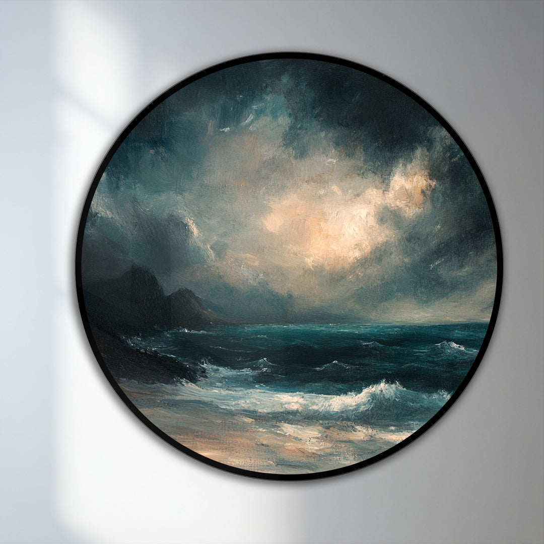 The abstract quality of this tempest horizon round oil painting artwork is expressed through dramatic brushstrokes in the crashing waves and stormy, glowing sky.
