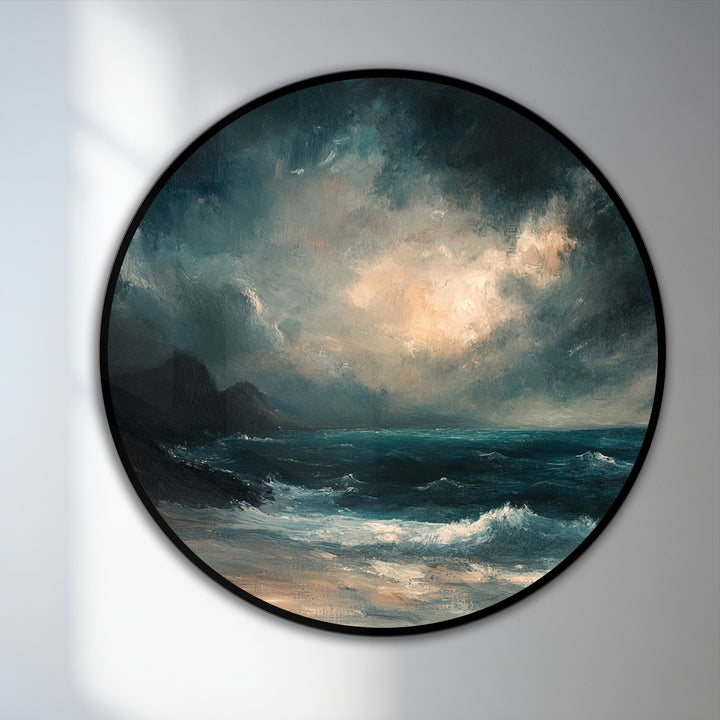 The abstract quality of this tempest horizon round oil painting artwork is expressed through dramatic brushstrokes in the crashing waves and stormy, glowing sky.