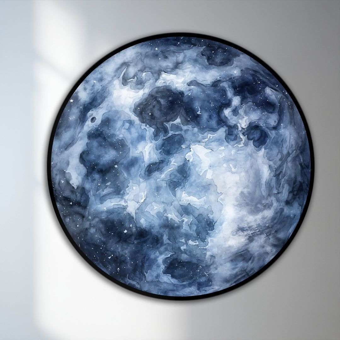 Swirling, deep blue pigment seems to billow and undulate within the round Midnight Nebula abstract oil painting wall art, conjuring cosmic currents.