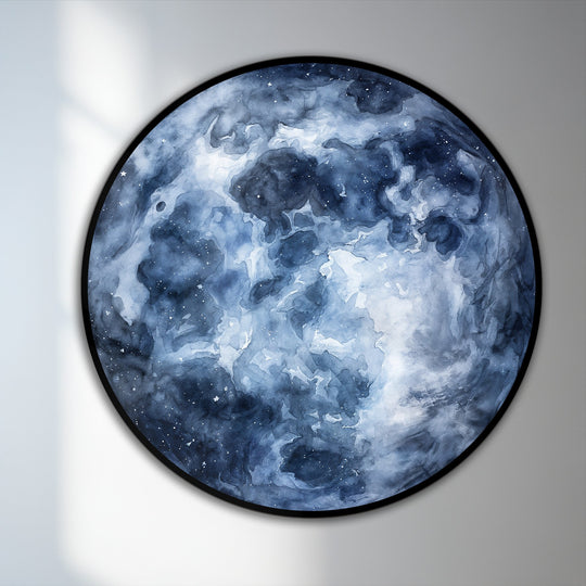 Swirling, deep blue pigment seems to billow and undulate within the round Midnight Nebula abstract oil painting wall art, conjuring cosmic currents.