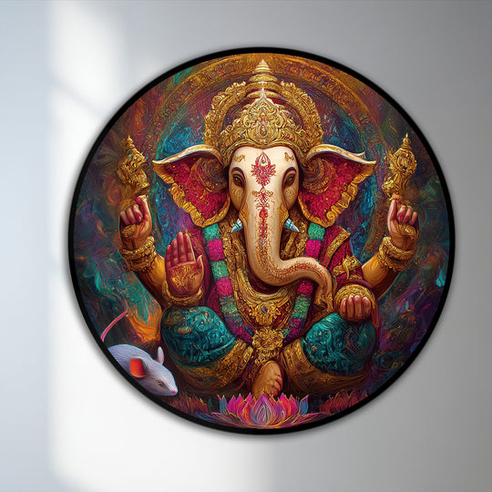 Subtle light and shadow define the textures and details of the Ganesha oil painting wall art, highlighting the radiant gold and jewel tones of this divine artwork.