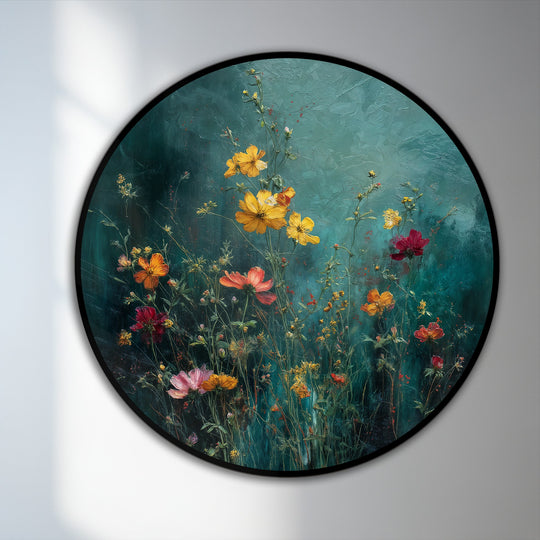 Round format defines this oil painting art prints display, showcasing the 'Whispering Meadow – Wildflower Garden' in a captivating circular orientation.