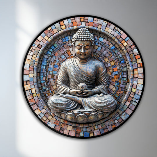 With radiant color saturation, this round Buddha mosaic oil painting's vibrant tile halo showcases an entrancing example of oil painting home decor.