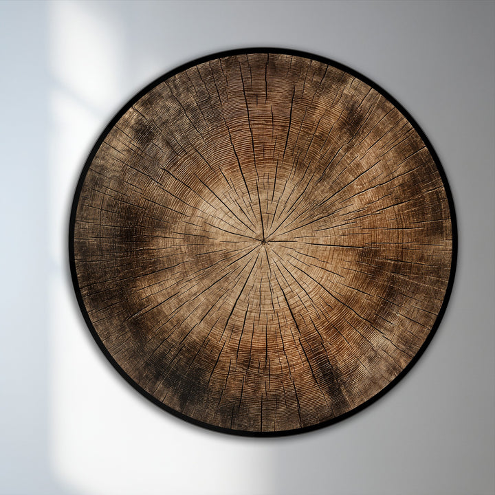 Warm color temperature radiates from the Timeless Growth natural wood texture round oil painting, offering a piece of modern oil painting art with rich, earthy tones.