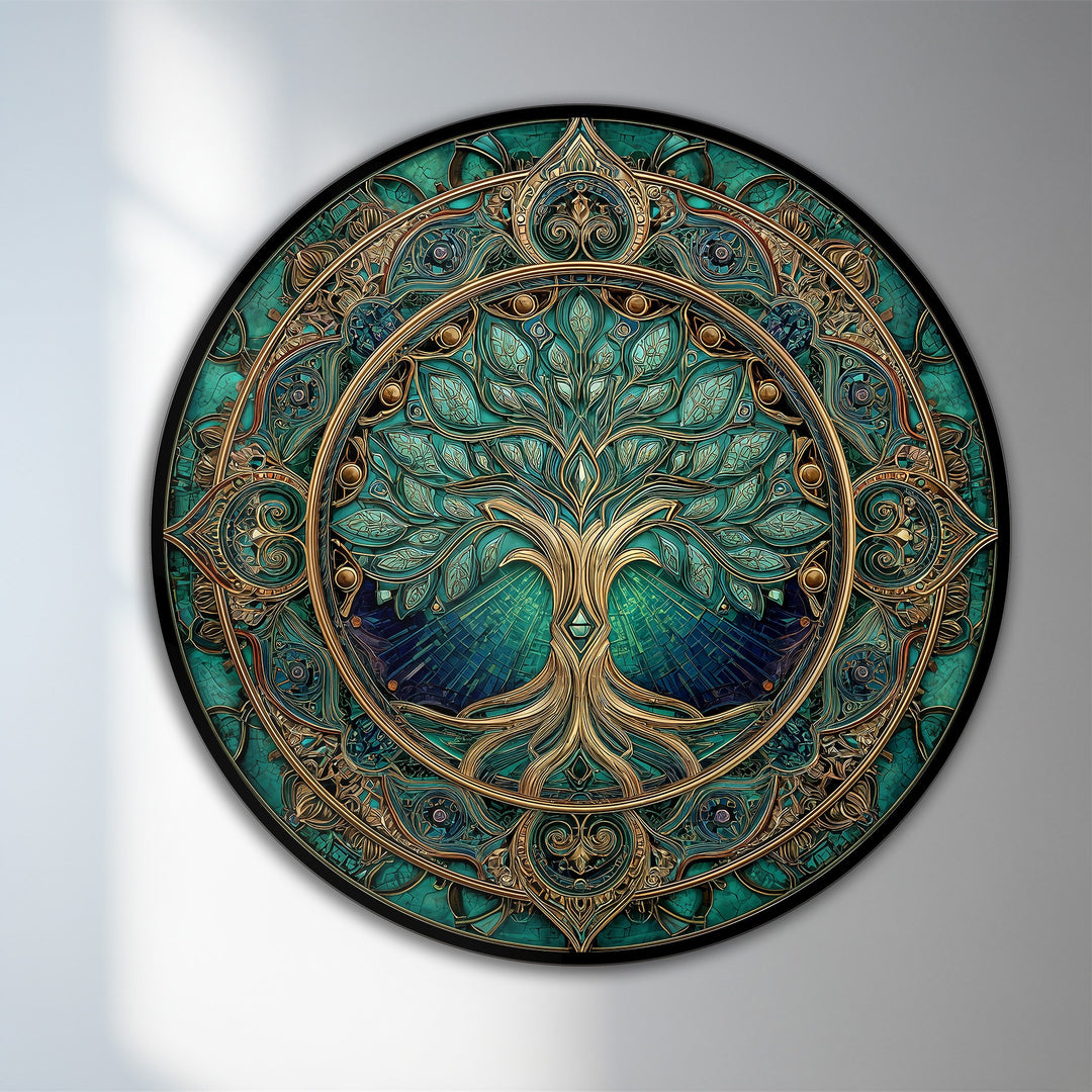 The stillness of the emerald sacred tree in this ornate round wooden oil painting art piece offers a tranquil, symbolic focal point.