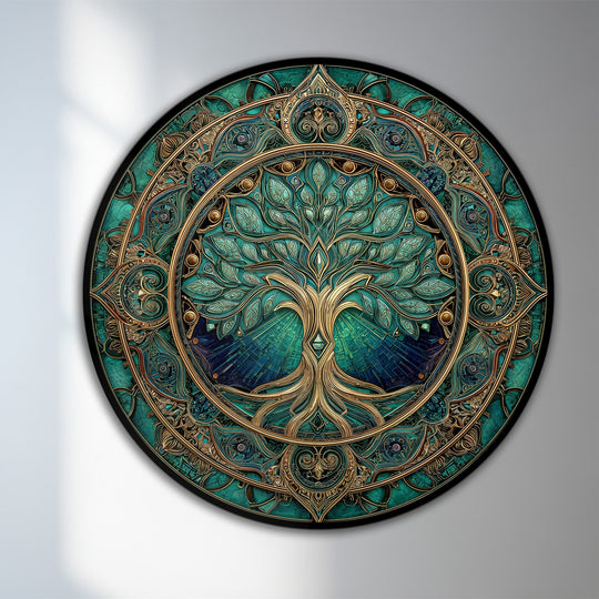 The stillness of the emerald sacred tree in this ornate round wooden oil painting art piece offers a tranquil, symbolic focal point.