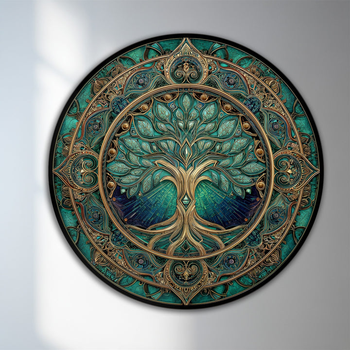 The stillness of the emerald sacred tree in this ornate round wooden oil painting art piece offers a tranquil, symbolic focal point.