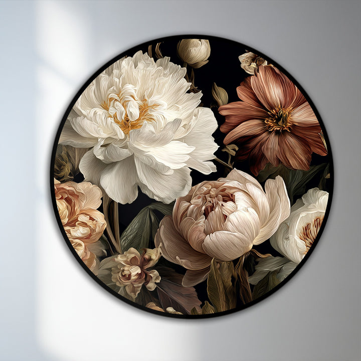 Striking color contrast in this round oil painting reproduction print highlights the classic floral elegance of cream and blush peonies against a dark backdrop.