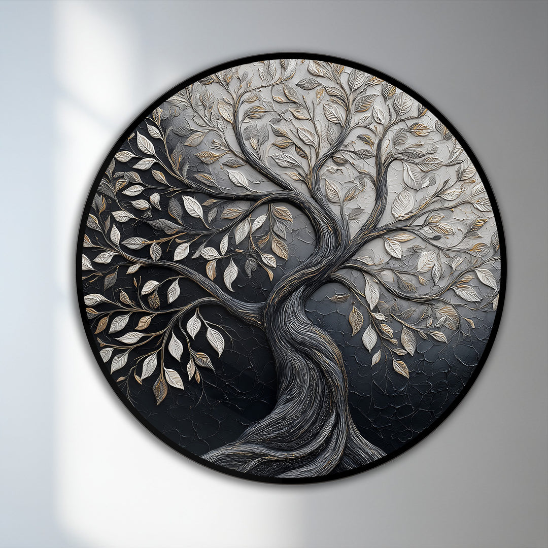The darkest area of the Eternal Contrast Tree of Life round oil painting showcases an elegant oil painting reproduction print as a striking home decoration.