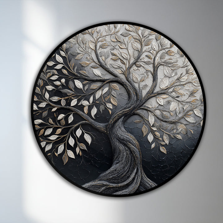 The darkest area of the Eternal Contrast Tree of Life round oil painting showcases an elegant oil painting reproduction print as a striking home decoration.