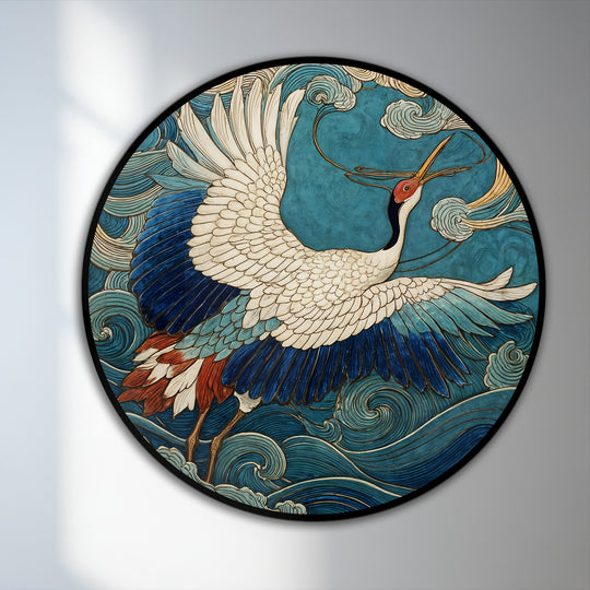 Vivid color contrast defines this round oil painting decoration, featuring a crane in celestial flight against a backdrop of turquoise ocean waves.