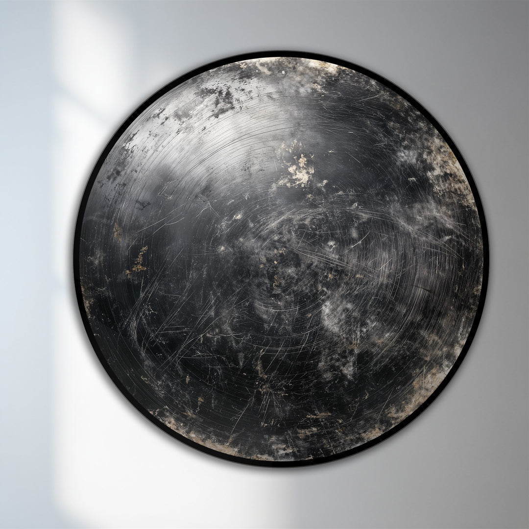 The realistic detail emphasizes the textures and brushstrokes of this round, wooden modern oil painting art, capturing the rich, dark metallic tones of the Midnight Orbit artwork.