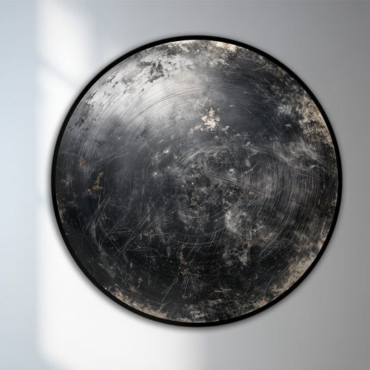 The realistic detail emphasizes the textures and brushstrokes of this round, wooden modern oil painting art, capturing the rich, dark metallic tones of the Midnight Orbit artwork.