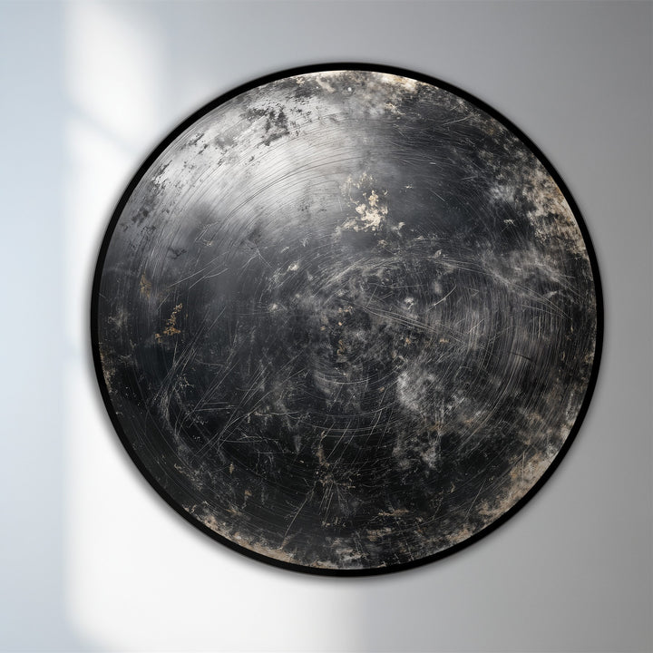 The realistic detail emphasizes the textures and brushstrokes of this round, wooden modern oil painting art, capturing the rich, dark metallic tones of the Midnight Orbit artwork.