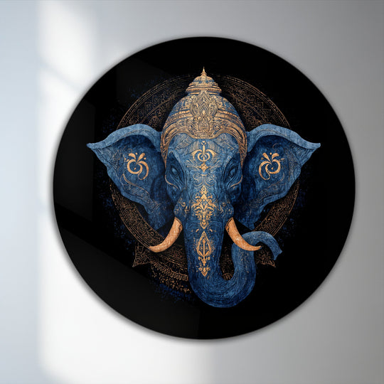 Deeply saturated royal blue and gold enhance this divine indigo majesty sacred elephant round oil painting reproduction print, creating a vibrant, luxurious feel.