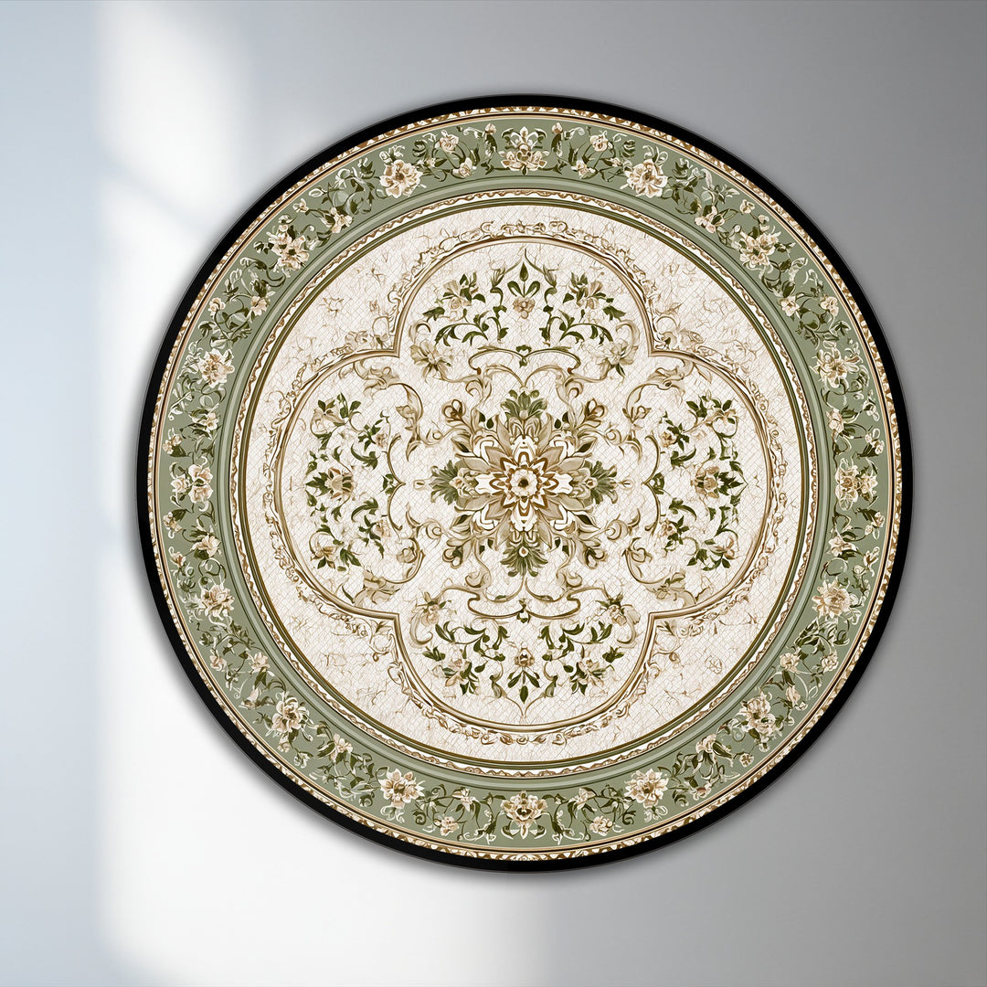 Soft, diffused light graces the background of this round sage green floral mandala vintage-style oil painting home decor, highlighting its intricate details.