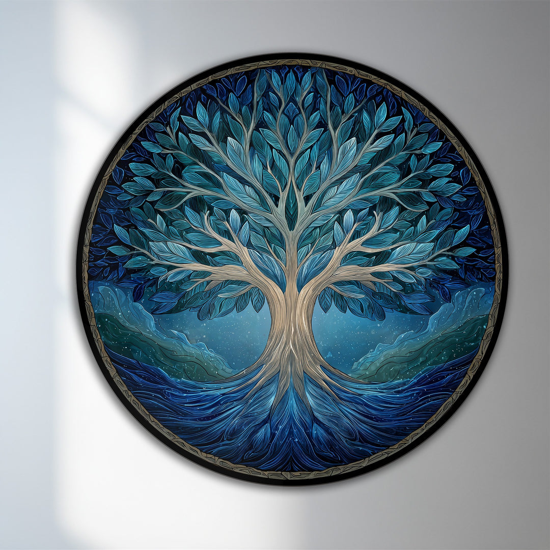 Circular, horizontally-oriented oil painting wall art shows an azure life tree, creating a captivating oil painting wall art accent piece.