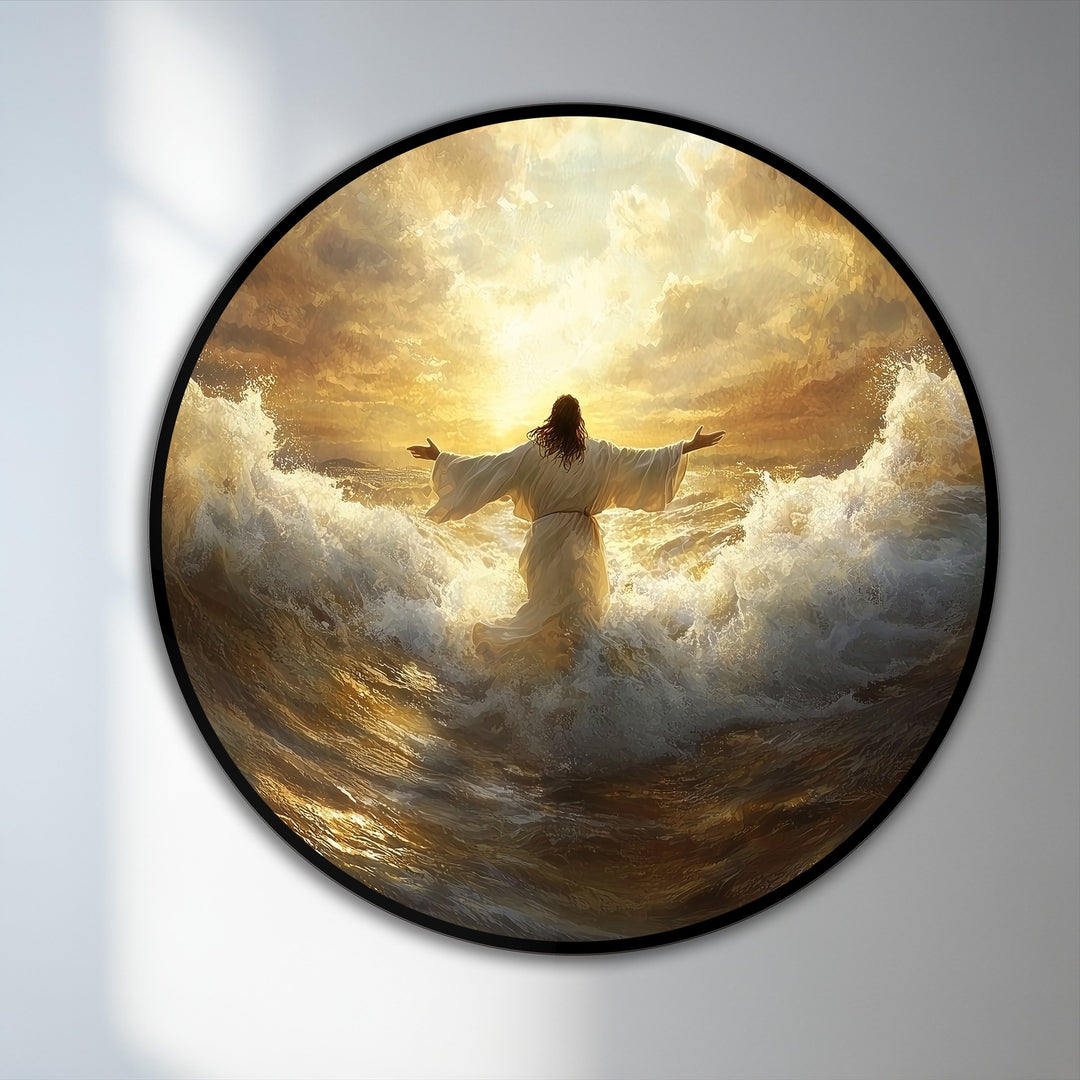 Golden hues dominate this inspirational round oil painting reproduction print, depicting a figure amidst crashing waves at a radiant sunrise over the sea.