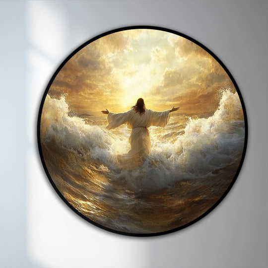 Golden hues dominate this inspirational round oil painting reproduction print, depicting a figure amidst crashing waves at a radiant sunrise over the sea.