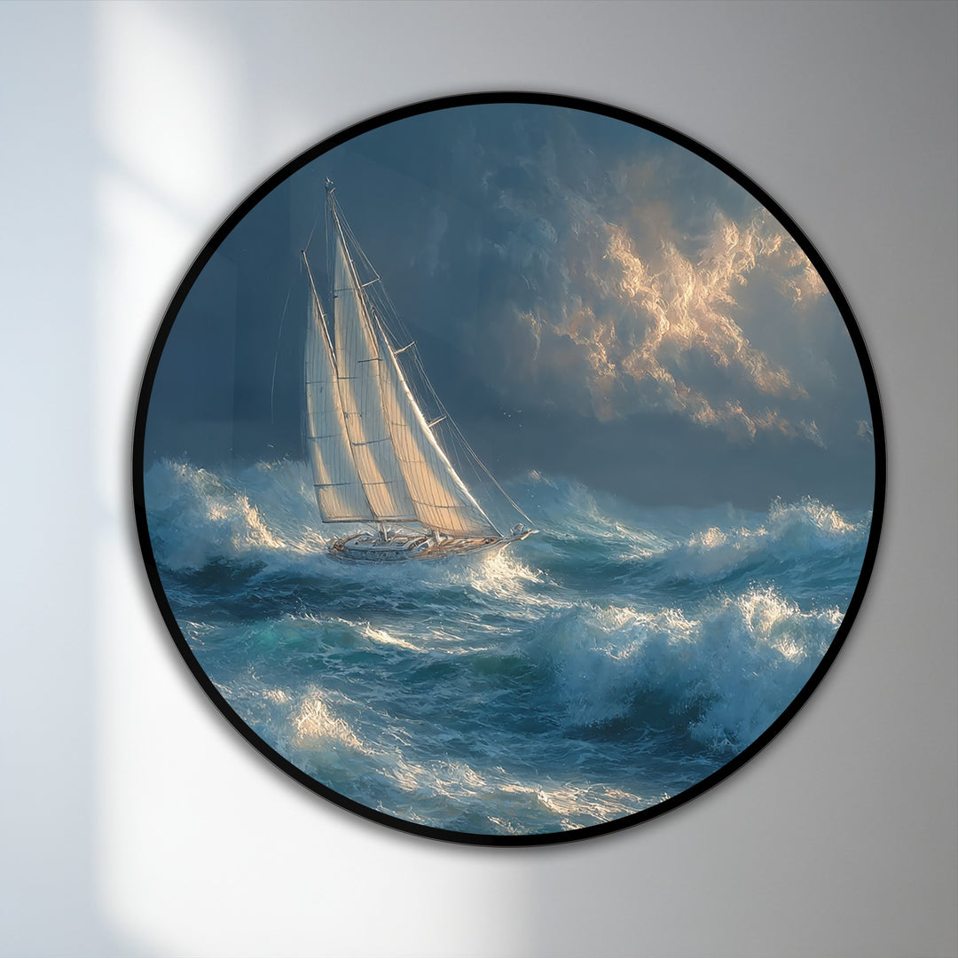 Exaggerated color saturation enhances the drama of the storm-tossed seascape within this captivating round oil painting artwork of a sailboat navigating through turbulent waves.