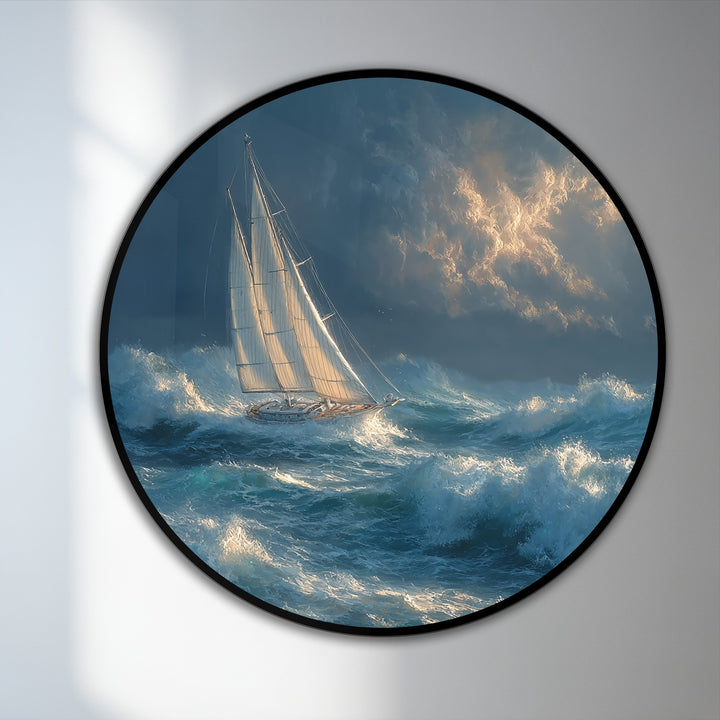 Exaggerated color saturation enhances the drama of the storm-tossed seascape within this captivating round oil painting artwork of a sailboat navigating through turbulent waves.