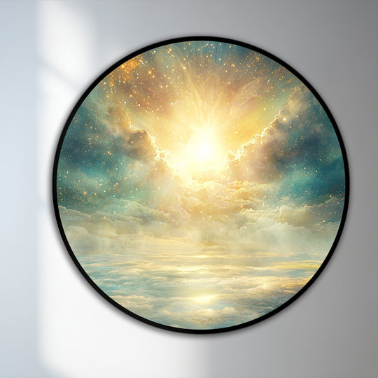 Warm color temperature radiates from this divine sky round oil painting, where golden light bursts through ethereal clouds in an elegant oil painting home decor statement.