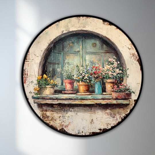 Depicting the darkest area, this round rustic window oil painting home decor showcases colorful flower pots adding charm to any farmhouse-style wall.