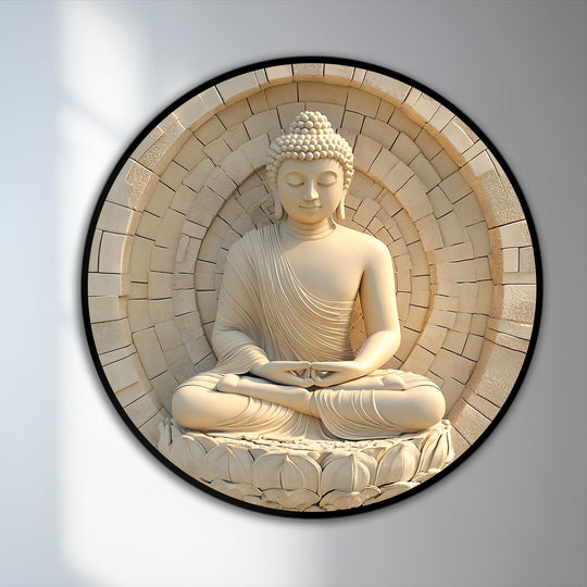 Ivory dominates in this serene oil painting art piece, showcasing a round Buddha with intricate stone details, bringing pure enlightenment and minimal spiritual art.